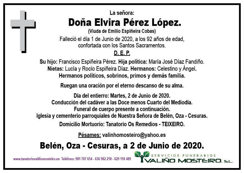 Esquela de Elvira Pérez López.